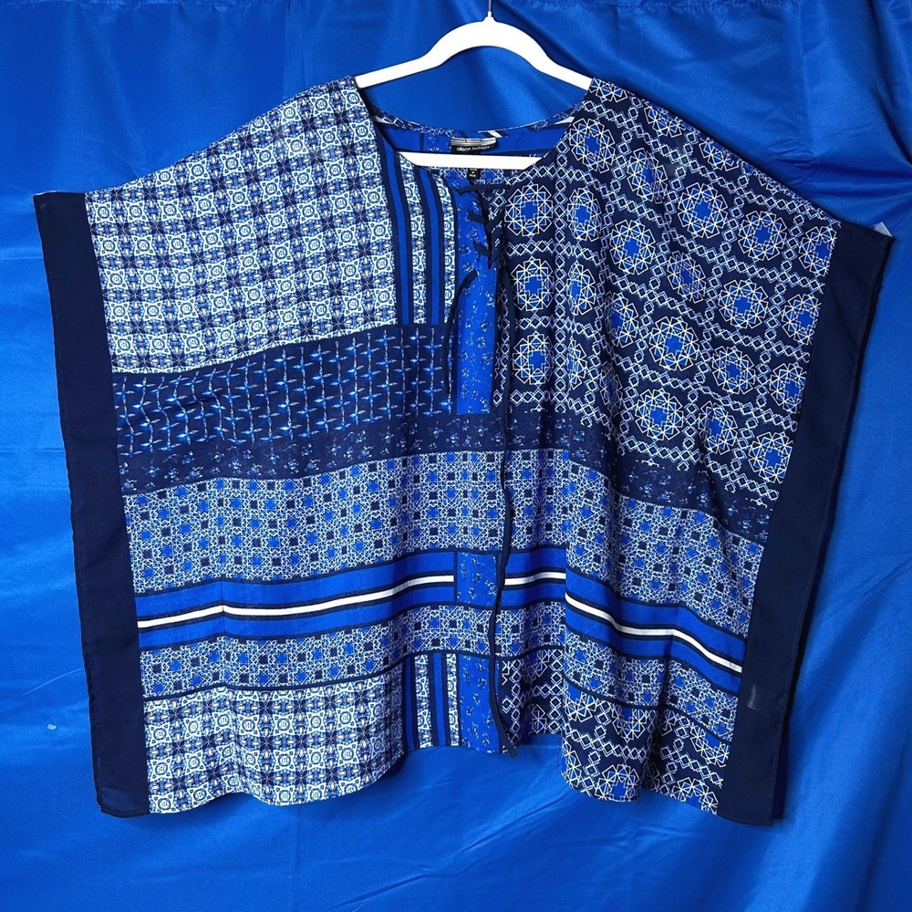 Vintage Womens Blue Patchwork Poncho Kimono Top Sz L Boho Layering Country Flowy